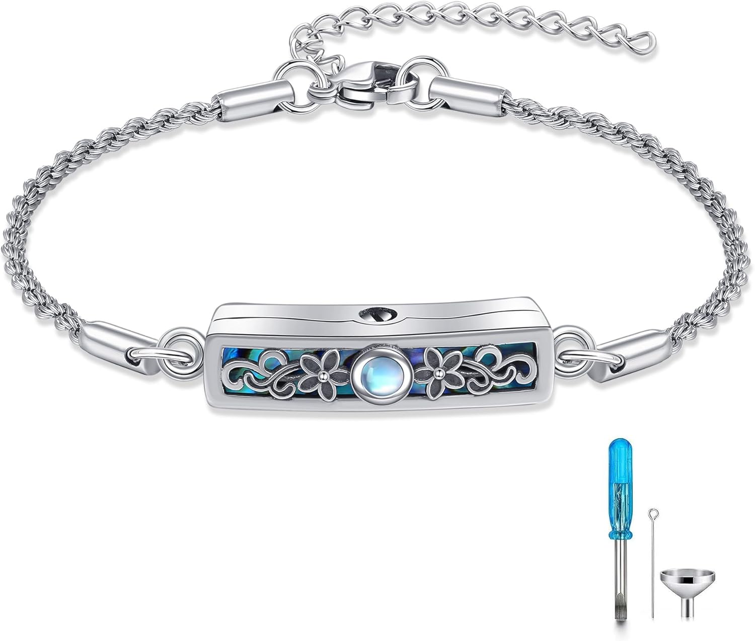 JERWLI Urn Bracelet for Ashes Sterling Silver Bar Moonstone Flower
