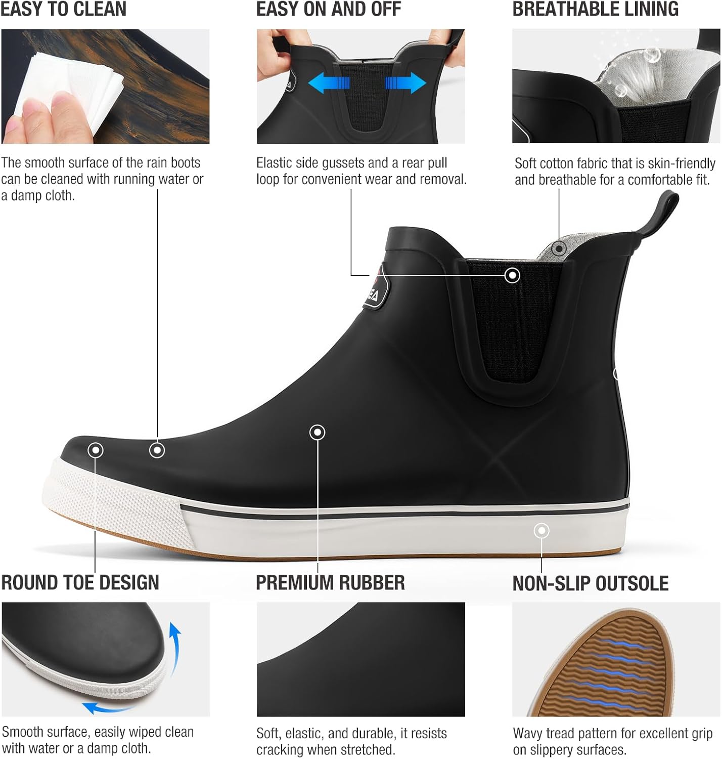 HISEA Men's Deck Boots Ankle Rain Boots Waterproof Rubber Saltwater Fishing Boot for Sailing