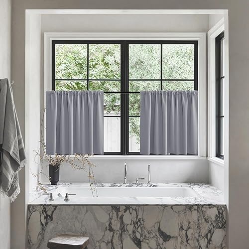 Miniatura 4 de Cortinas cortas de media ventana gris claro de 30 pulgadas de largo para tratamientos de ventanas pequeñas, bolsillo para barra, cortinas opacas
