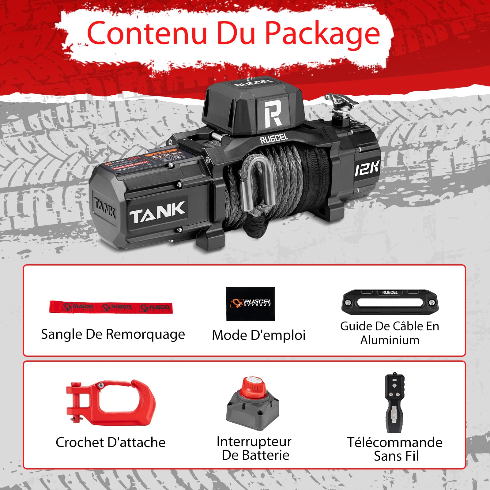 RUGCEL WINCH Treuil Électrique 5443 kg (12000 LBS), 12V CC, IP67 Étanche, Corde Synthétique Φ10,0mm x 26m, Télécommande Sans Fil & Filaire, pour 4x4 SUV Tout-Terrain Jeep Camion Remorque