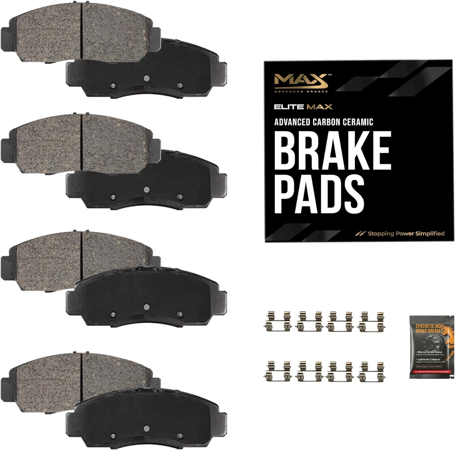 Max Advanced Brakes SelectMAX Front & Rear Brake Pads Set| Fits 2006-2018 Toyota RAV4 (10.83" Dia Front Rotor)| Low-Dust & Quiet| Carbon Ceramic Brake Pad with Hardware| 8 Pcs