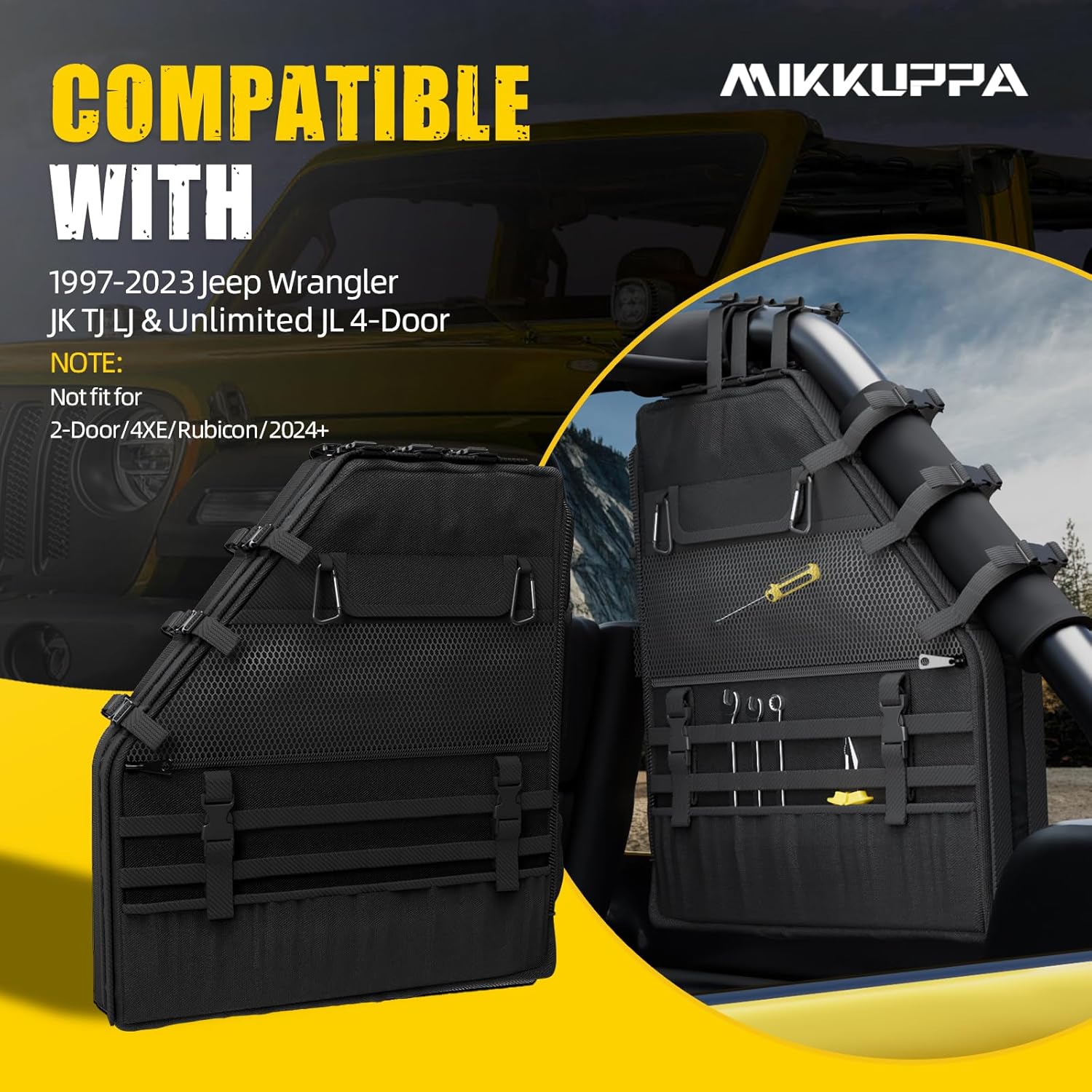 MIKKUPPA Roll Bar Storage Bag - Compatible with 1997-2023 Jeep Wrangler JK TJ LJ & Unlimited JL 4-Door - Saddle Bag Cargo Organizer Tool Kit with Multi-Pockets (Pack of 2)