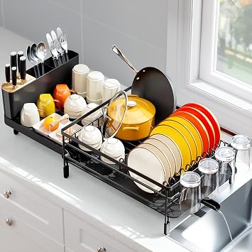 Urackify Extendable Dish Drying Rack, 18.5"-26.7" L x 12.7" W, Black | Multifunctional large dish rack with cup holder and built-in cutlery holder for versatile drying needs