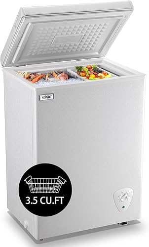 Congelador de pecho pequeño y profundo de 3.5 pies cúbicos, mini congelador de puerta superior, ajustable, 7 termostatos y cesta extraíble,
