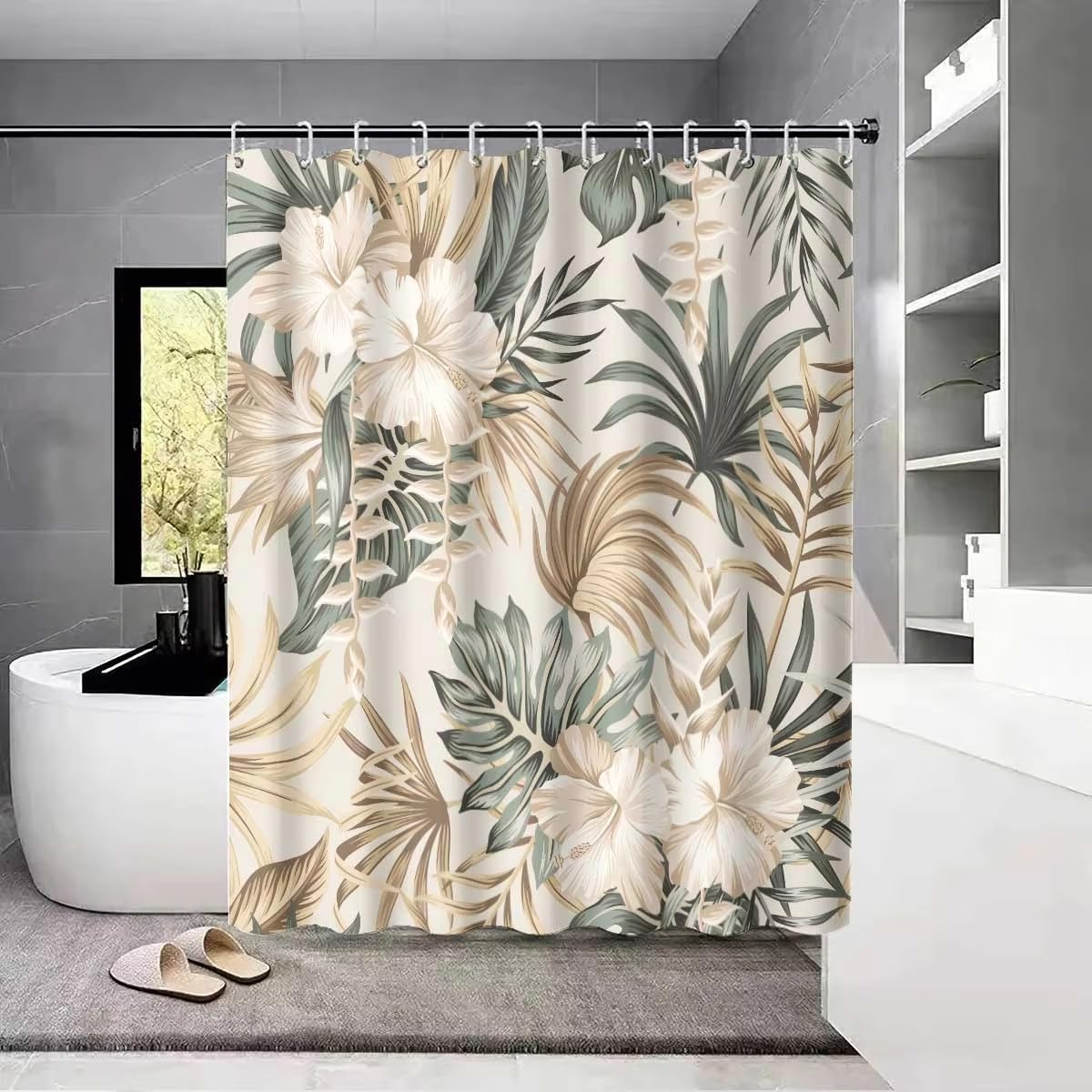 1 Rideau de Douche à Motif Floral Monstera Deliciosa, avec Crochets, Lavable, pour préserver Votre intimité (300 x 180 cm/imperméable)