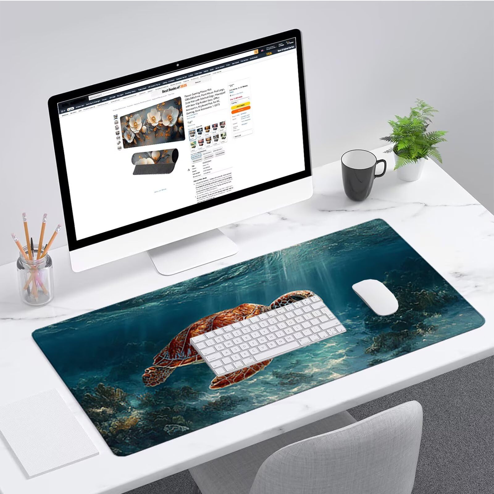 Niebieska podkładka pod mysz gamingową, 1000 x 500 x 3 mm, podkładka na biurko, żółw, ze zszytymi krawędziami, akcesoria gamingowe, poprawia precyzję i prędkość, podkładka pod mysz, duża podkładka pod