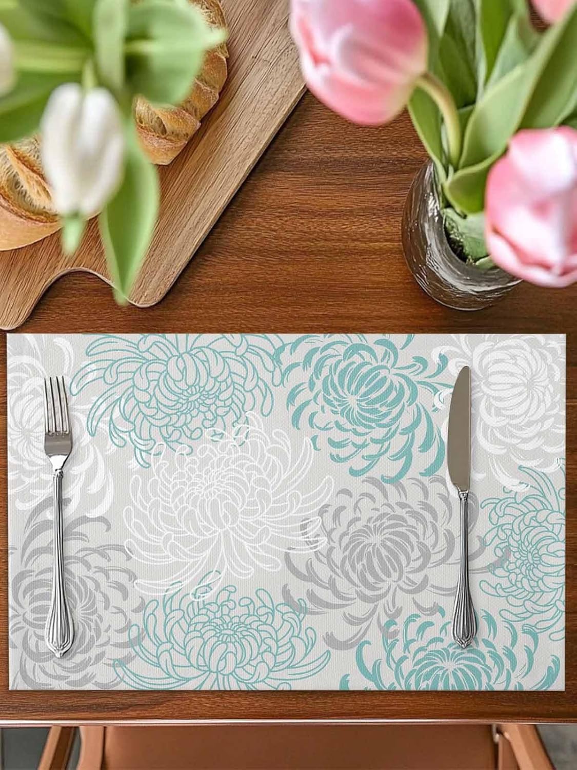 PIEPLE Aqua Chrysanthemum Flowers Placemat for Dinning Table Placemat Set of 6-Cotton Linen, Waterproof Cloth Table Mat-Easy Clean Place Mat,Machine Washable Fabric, Floral Grey