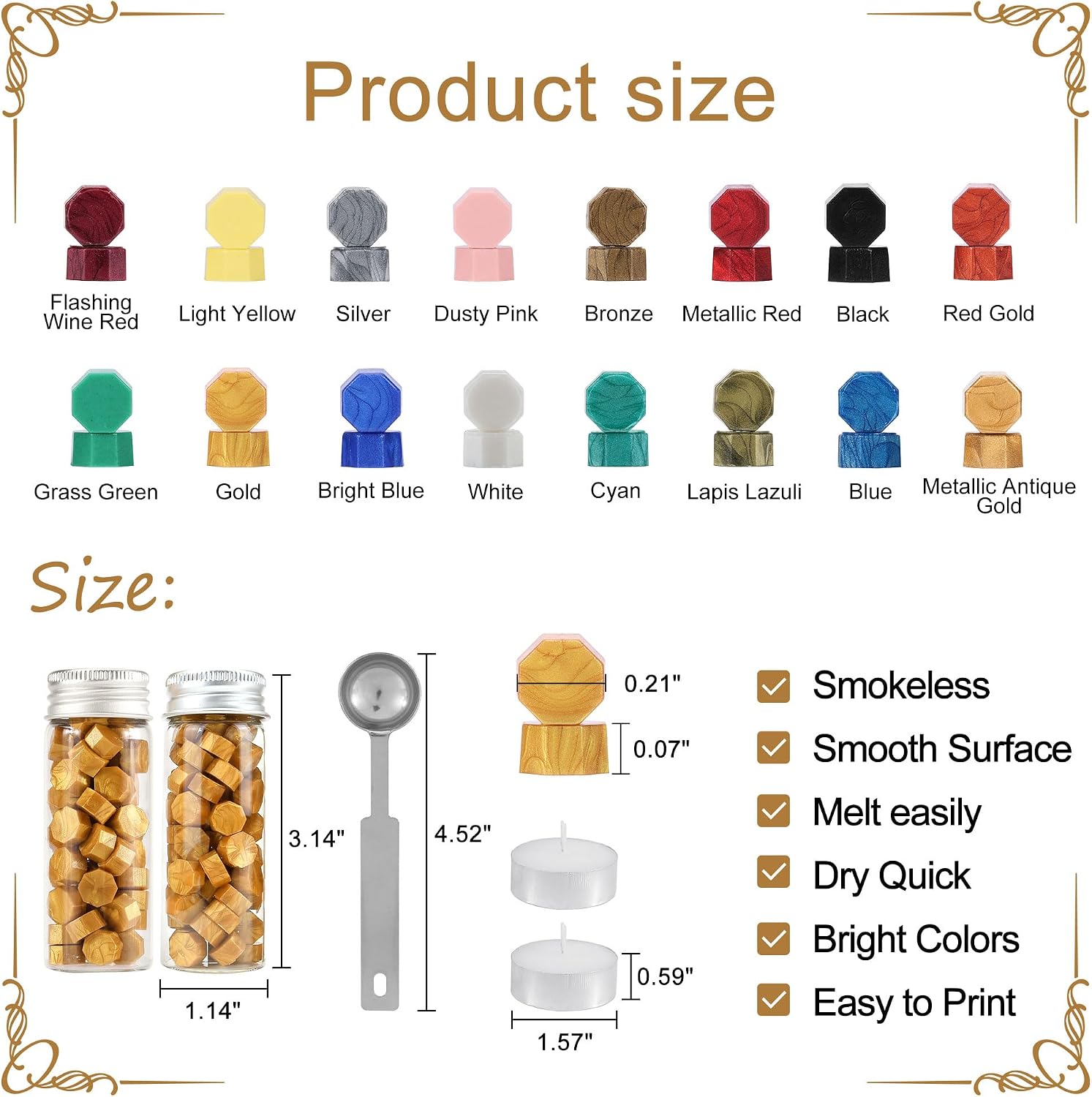 Yoption Metallic Antique Gold Sealing Wax Beads, 150 Pieces Wax Seal Beads Kit for Wax Seal Stamp, Octagon Wax Seal Beads with A Wax Seal Spoon and 2Pcs Tea Candles (Metallic Antique Gold)