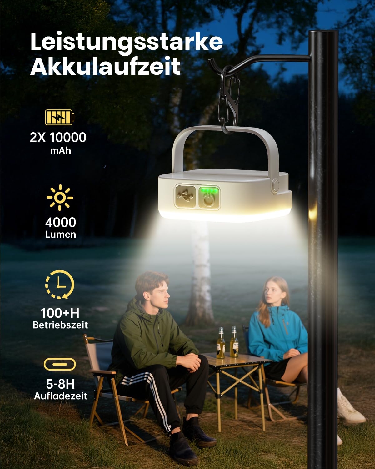 Eventek Campinglampe 4000LM, 10000mAh LED Outdoor Camping Licht Bis zu 100+ Stunden & 4 Modi, IP65 Wasserdicht Tragbar Aufladbar Zeltlampe für Camping, Stromausfälle,Wandern, Notfall, 2 Stück Standard