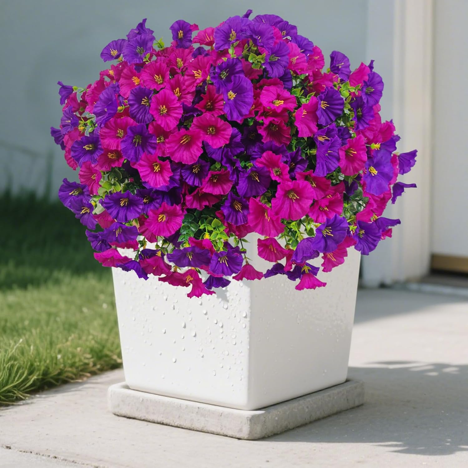 Artificial Flowers Outdoor Decor - 12 Bundles UV Resistant Faux Plants Vibrant Purple Morning Glory for Garden Porch Home Decor, Wedding Party Decoration, No Fade Weatherproof Plastic Flowers