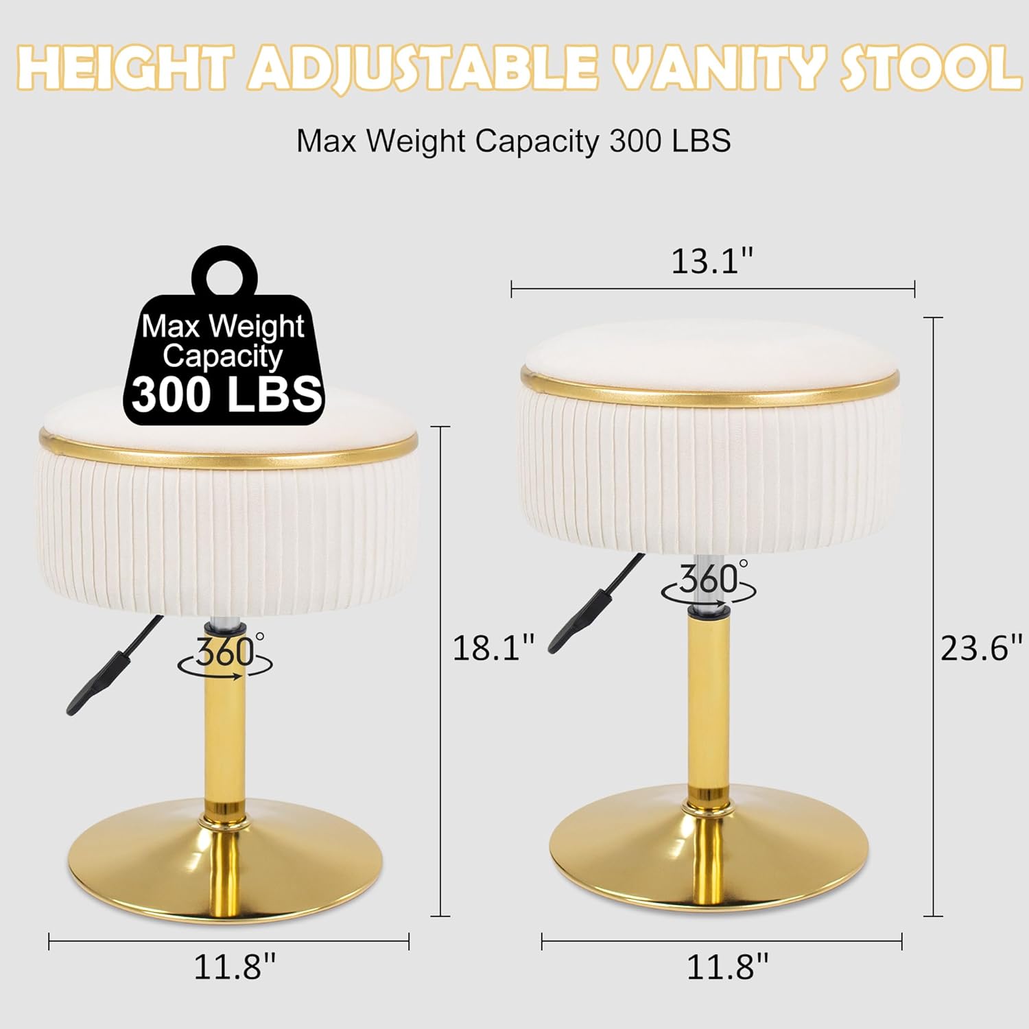 Adjustable Vanity Stool with Storage, 360° Swivel Makeup Stool Chair Small Velvet Round Ottoman with Gold Base for Bedroom (Beige)