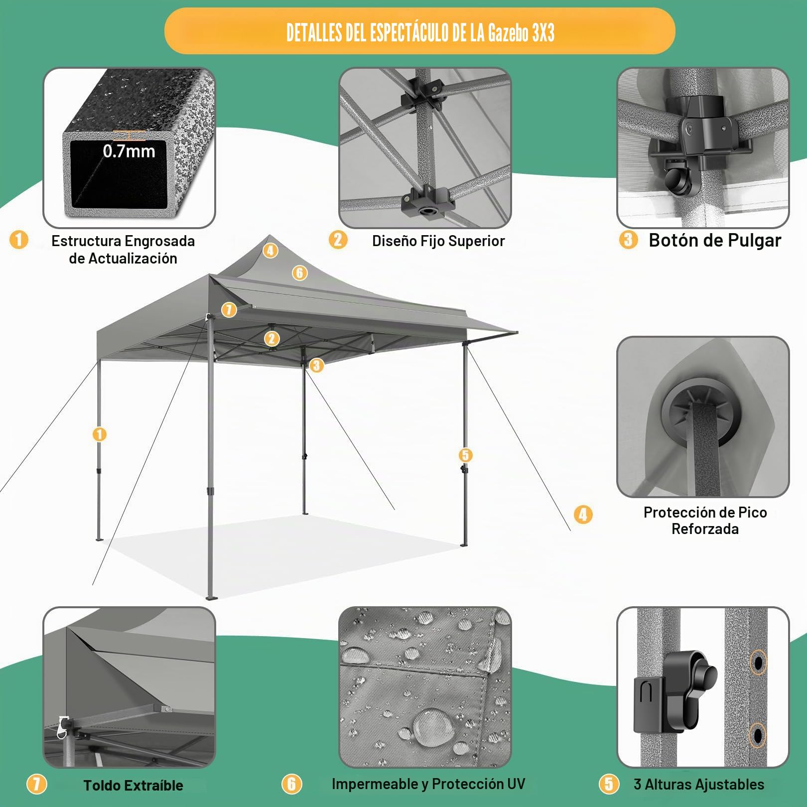 COBIZI Carpa Plegable 3x3M con Toldo y Paredes Desmontables,Gris | Cenadores para Jardin 3x3 UV50+ Carpas de Camping Impermeables para Exteriores Jardin Playa Camping Fiestas