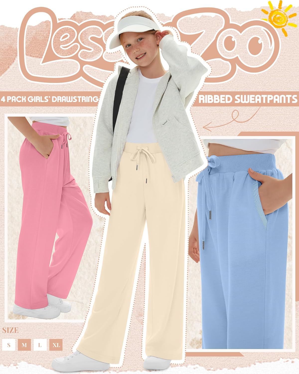 4 Pack Girls' Sweatpants Straight Leg Drawstring Kids Joggers Open Bottom Baggy Teen Pants with Pockets