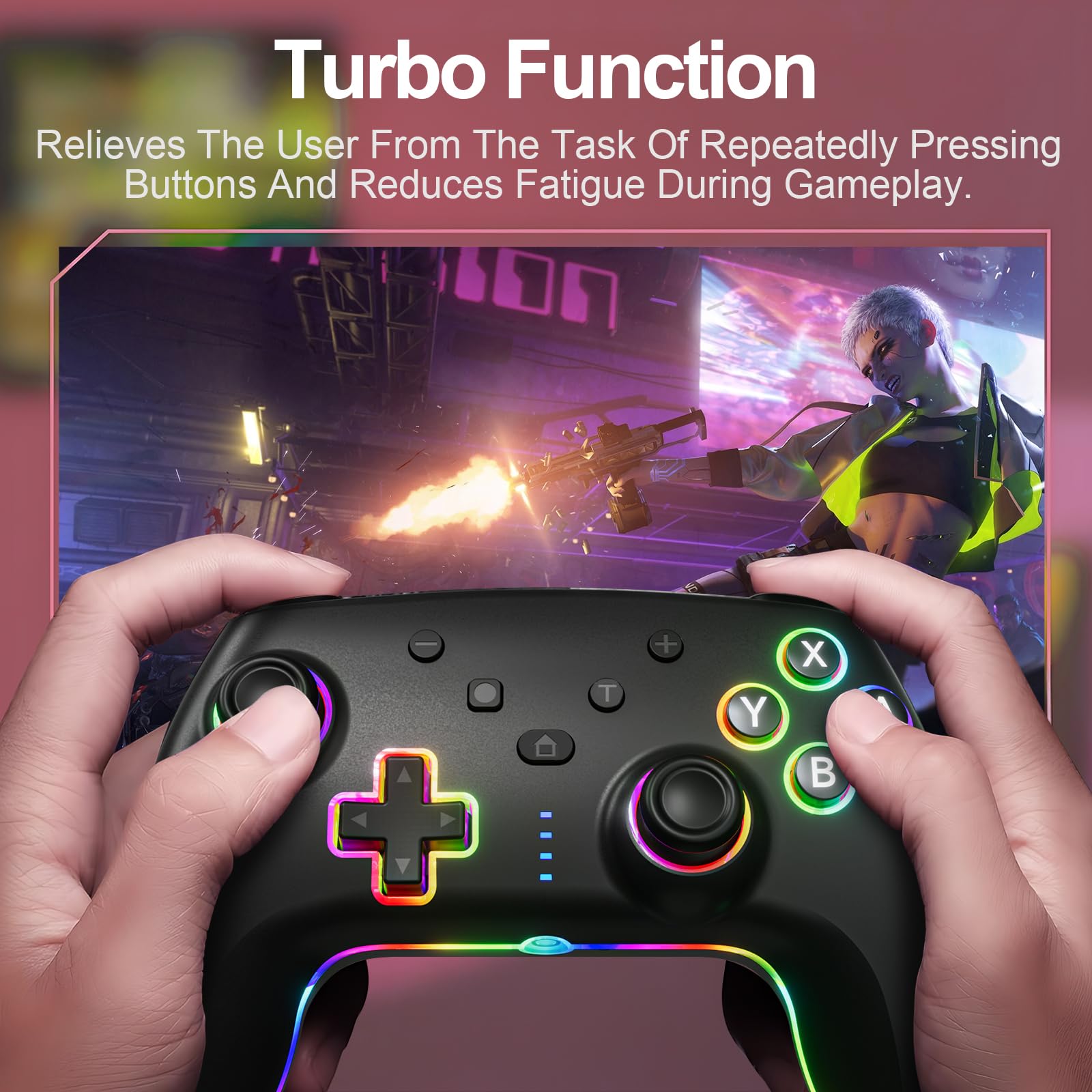 Controller Wireless per Switch/Switch 2/Lite/OLED/PC, Controllore Switch Pro con illuminazione RGB 7 Colori Cangianti/Grilletto Effect Hall/Doppia Vibrazione/Turbo, Joystick Ergonomico Preciso
