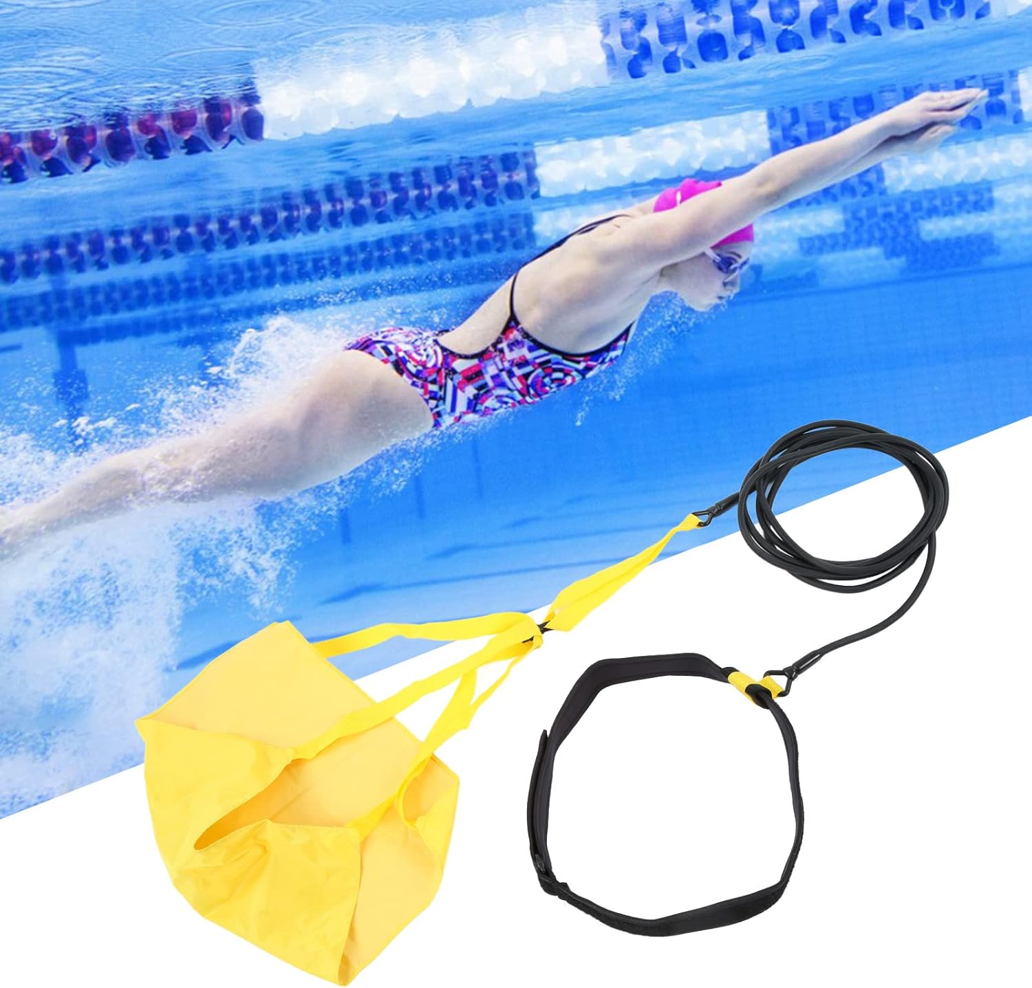EVTSCAN Nylon Pool Swim Parachute Kit, with Adjustable Swim Belts and 14ft Latex Resistance Band, for Swim Resistance Training Aids, Increasing Swim Speed, Strength and Endurance