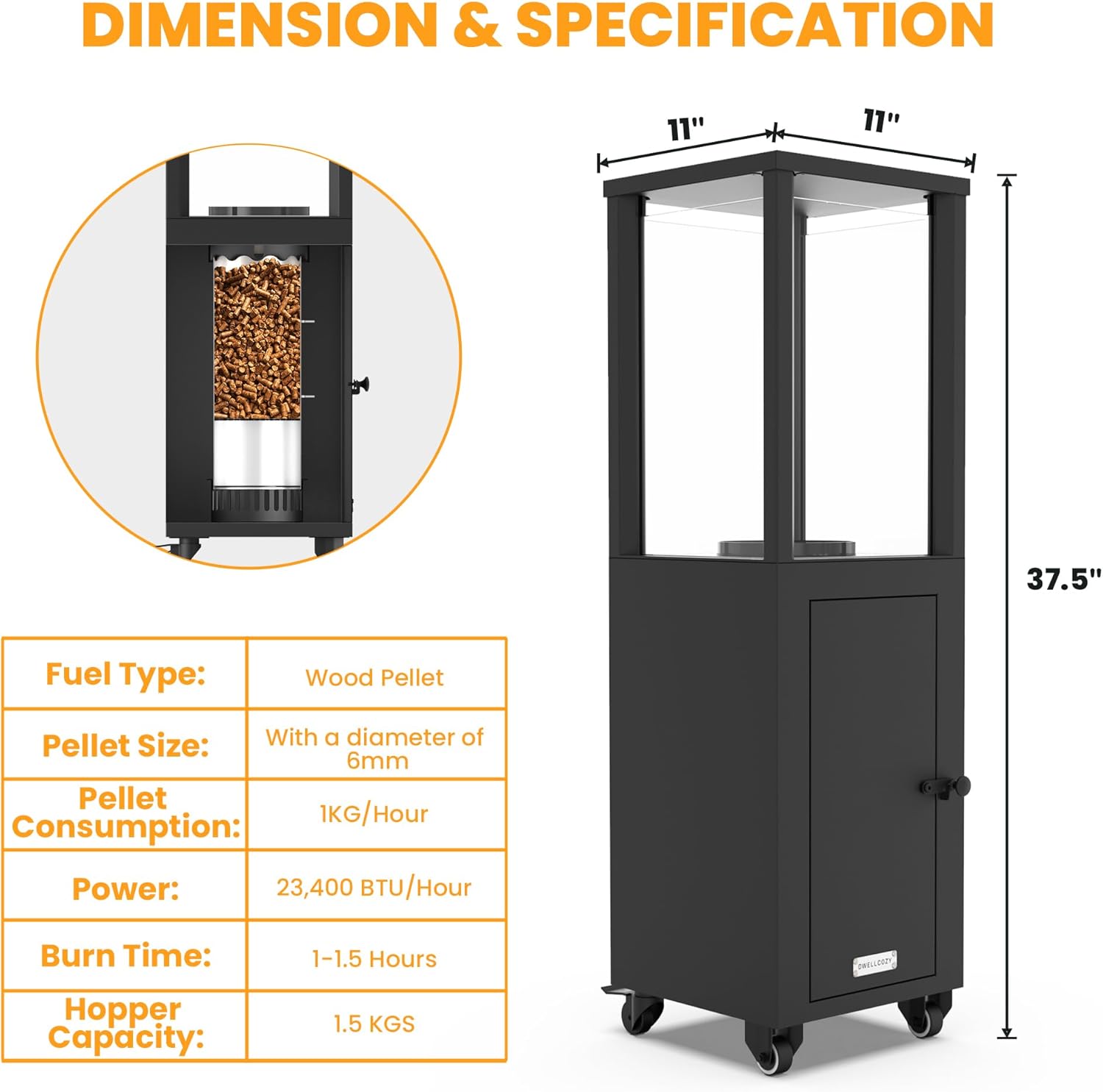 Wood Pellets Patio Heater with Wheels and Ash Box, Safe and Adjustable Outdoor Heaters for Patio. Outdoor Fire Pit for Garden Bonfire Party, Backyard and Beach. Black