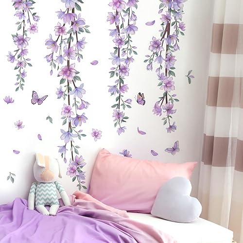 Miniatura 4 de Pegatina de pared de vinilo impermeable con diseño de flores y vides moradas para colgar en casa, dormitorio de niñas, habitación de niños,