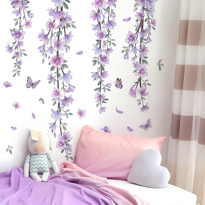Vinilo Decorativo Removible Flores Púrpura y Mariposas Pared miniatura 4
