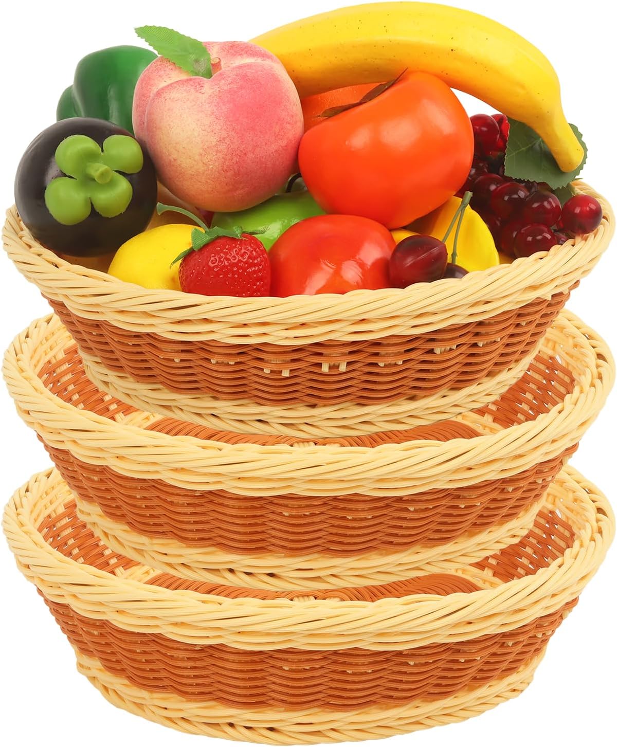 11.8 Inch Wicker Baskets,3 Pack Woven Bread Baskets Round Fruit Baskets Stackable Food Serving Baskets, Round Fruit Baskets, Stackable Food Serving Holder, Imitation Rattan Baskets for Kitchen