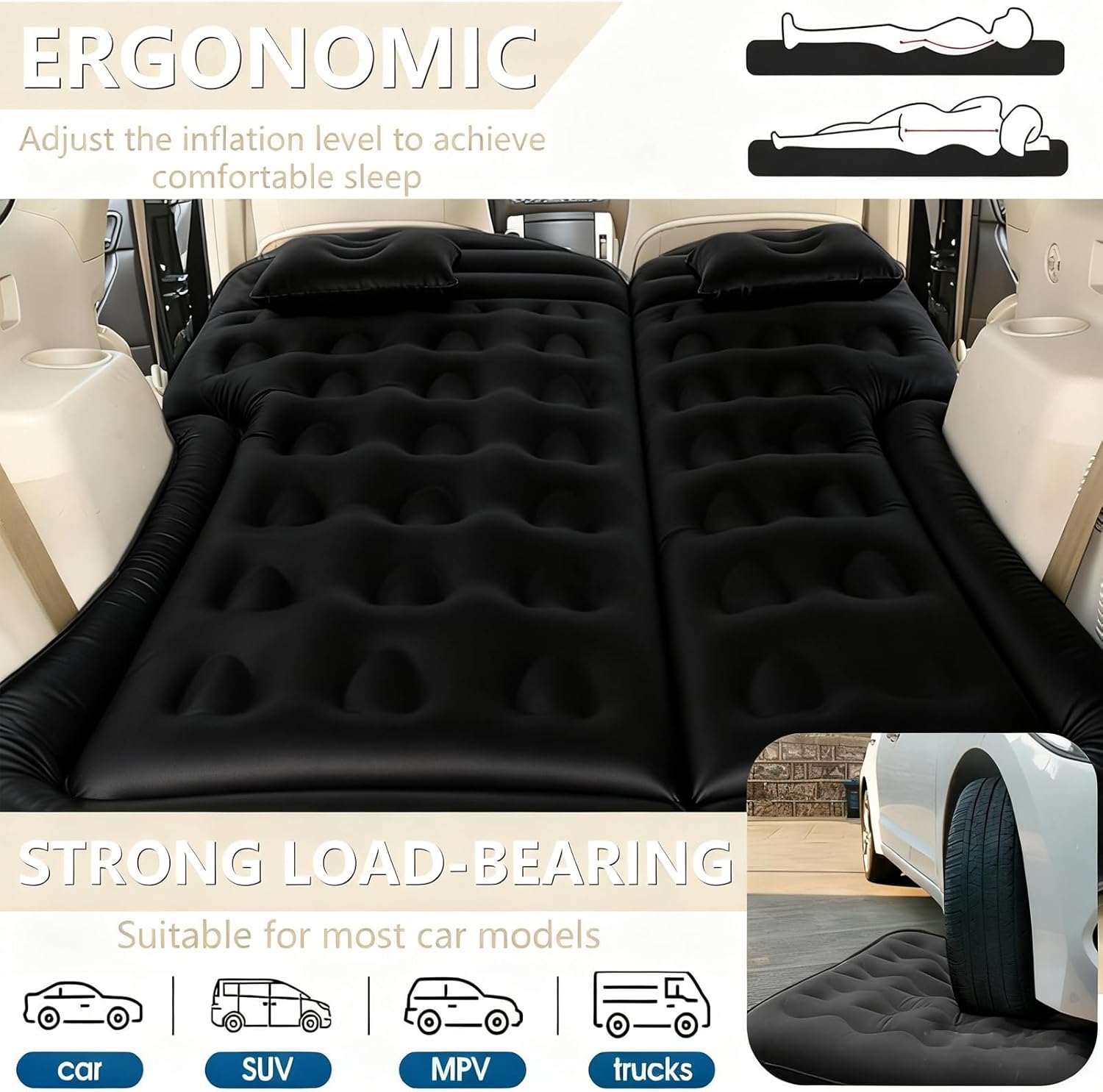 Car Air Mattress - Inflatable Bed SUV Mattress with Two Pillows for Cars Backseat Trunk, Portable Flocked Camping Airbed Sleeping mat for Vehicle Travel Road Trip Indoor&Outdoor Activities