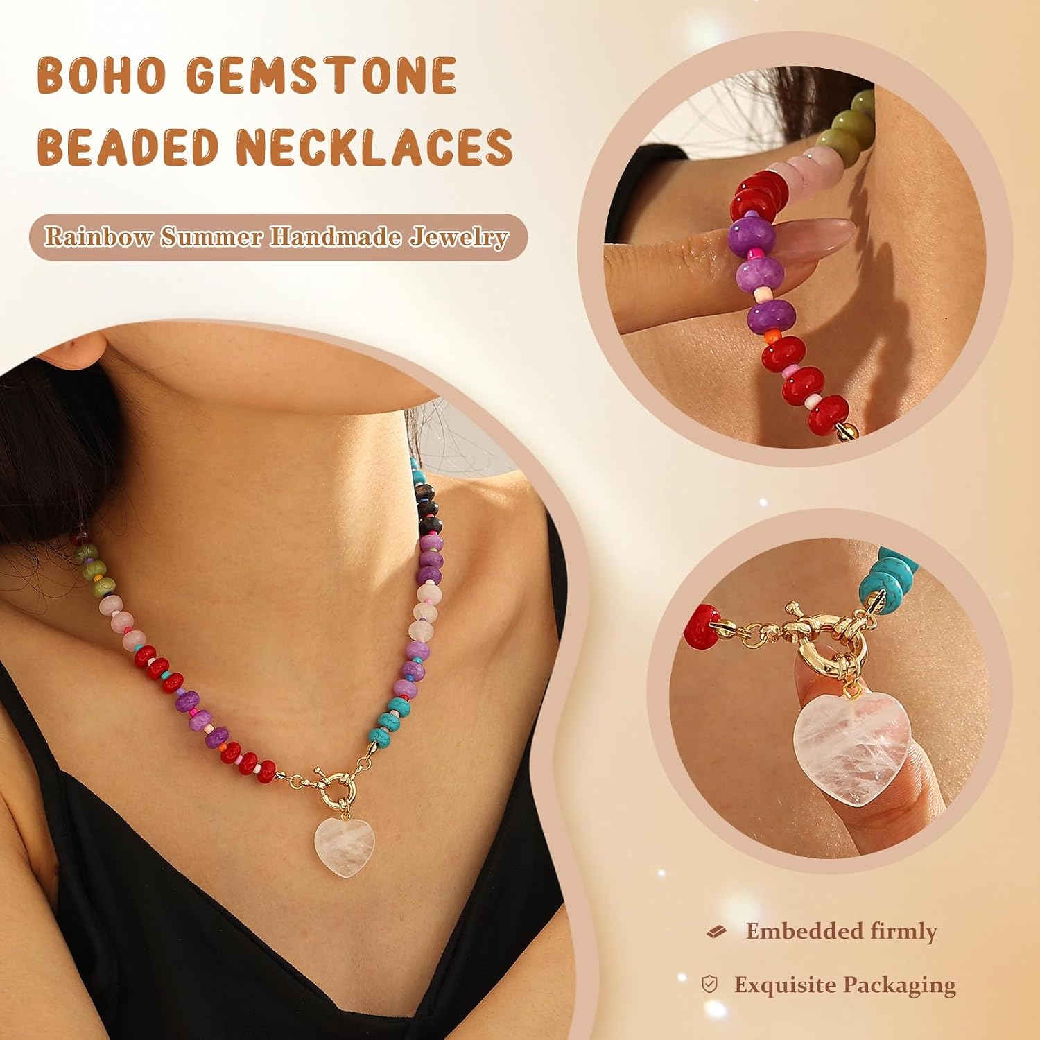 Colorful Beaded Gemstone Necklace for Women Gemstone Necklace 5 * 8mm 14K Gold Plated Boho Style Summer Handmade Jewelry Gift (nature) image 4