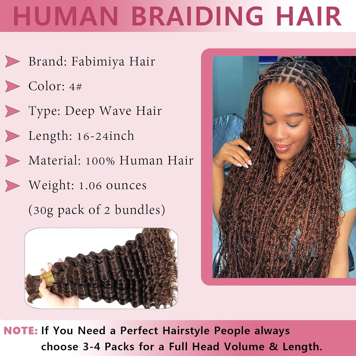 Chocolate Brown Color 4 Deep Wave Bulk Human Braiding Hair 2 Bundles 100g 22 Inch Human Braiding Hair Bundles Brazilian Virgin Curly Human Hair Extensions for Boho Braids