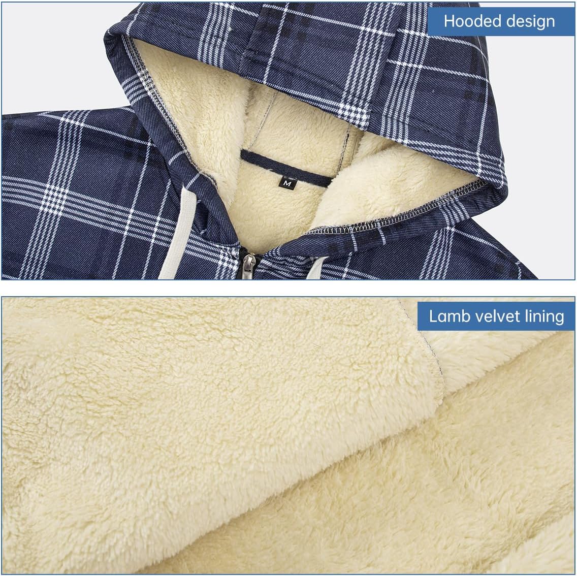 Men's Plaid Fleece-Lined Hoodie Jacket, Winter Sherpa Zip Up Coat with Pockets, Warm Flannel Shacket for Outdoor Casual