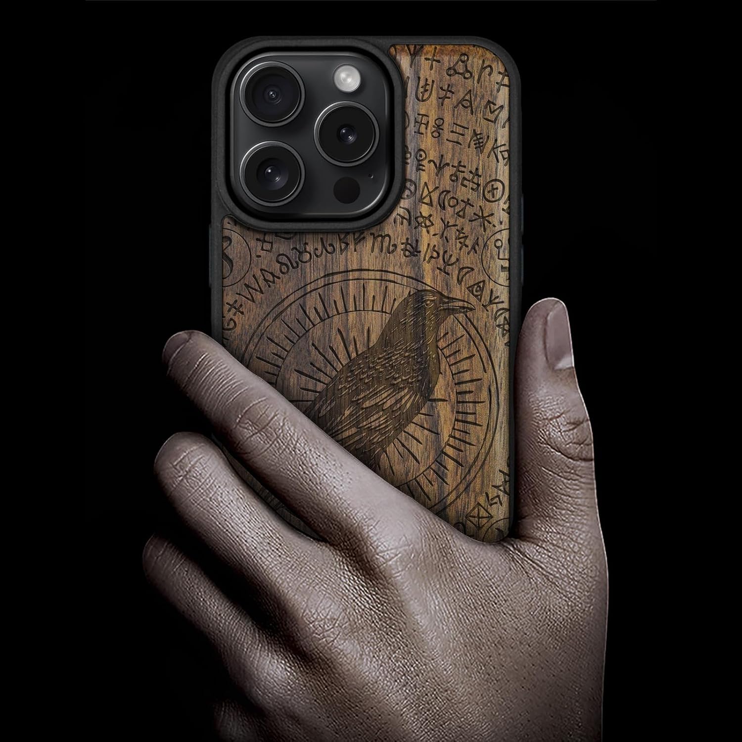 Carveit Magnetic Wooden Case for iPhone 16 Pro Case, Wood Artisan Engraved & Black Soft TPU Shockproof Cover, Compatible with MagSafe Wireless Chargers (The Haloed Crow) Walnut