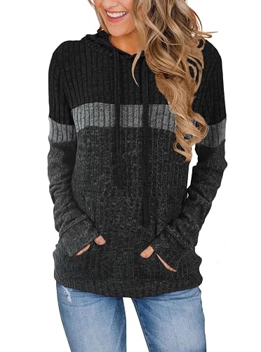 MixShe Women’s Color Block Knit Hoodie – Casual Long Sleeve