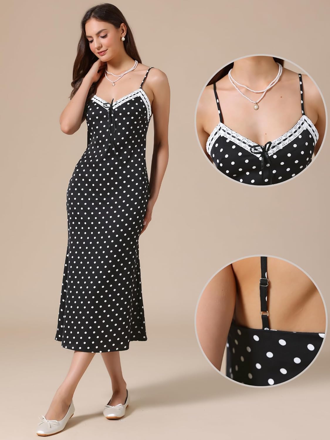 Allegra K Polka Dots Dress for Women Summer Sleeveless V Neck Spaghetti Straps Midi Dresses - Image 4