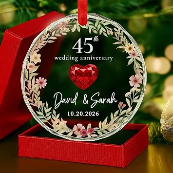 Personalized 45th Wedding Anniversary Ornament 2026 Custom Sapphire Round Glass Keepsake with Names & Date Elegant Gift for Couples Celebrating 45 Years of Marriage Romantic Home Decoration