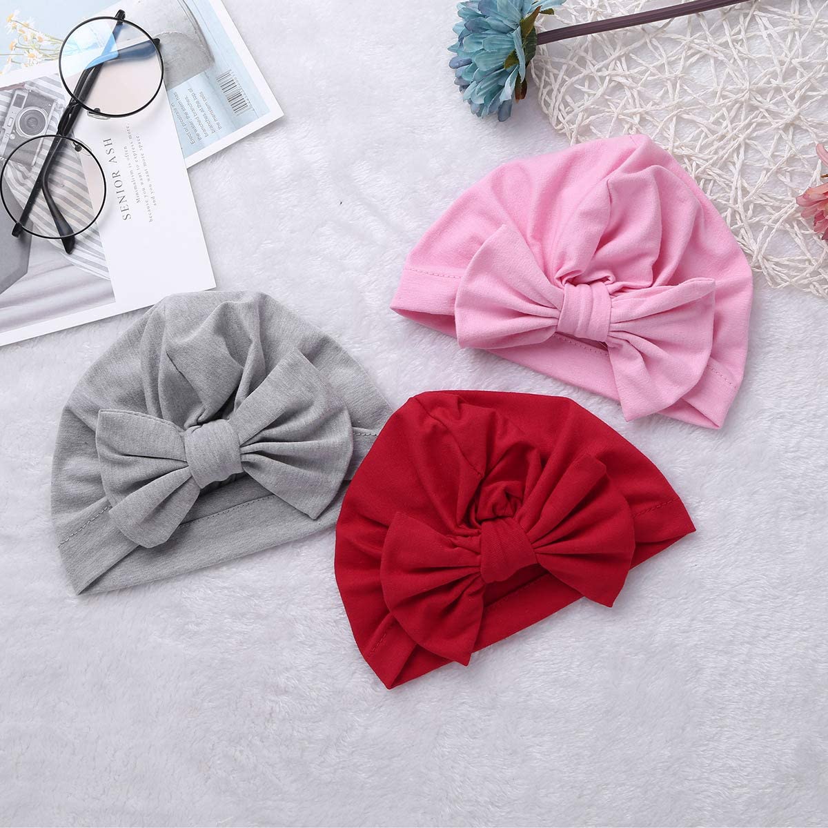 Säuglingsbaby Beanie Knoten Donut Hut Neugeborene Jungen Mädchen Baumwolle Weiche Turban Bogen Kaninchenohren Mütze Krankenhaus Kopf Wrap (Color : A Big Bow, Size : One Size)