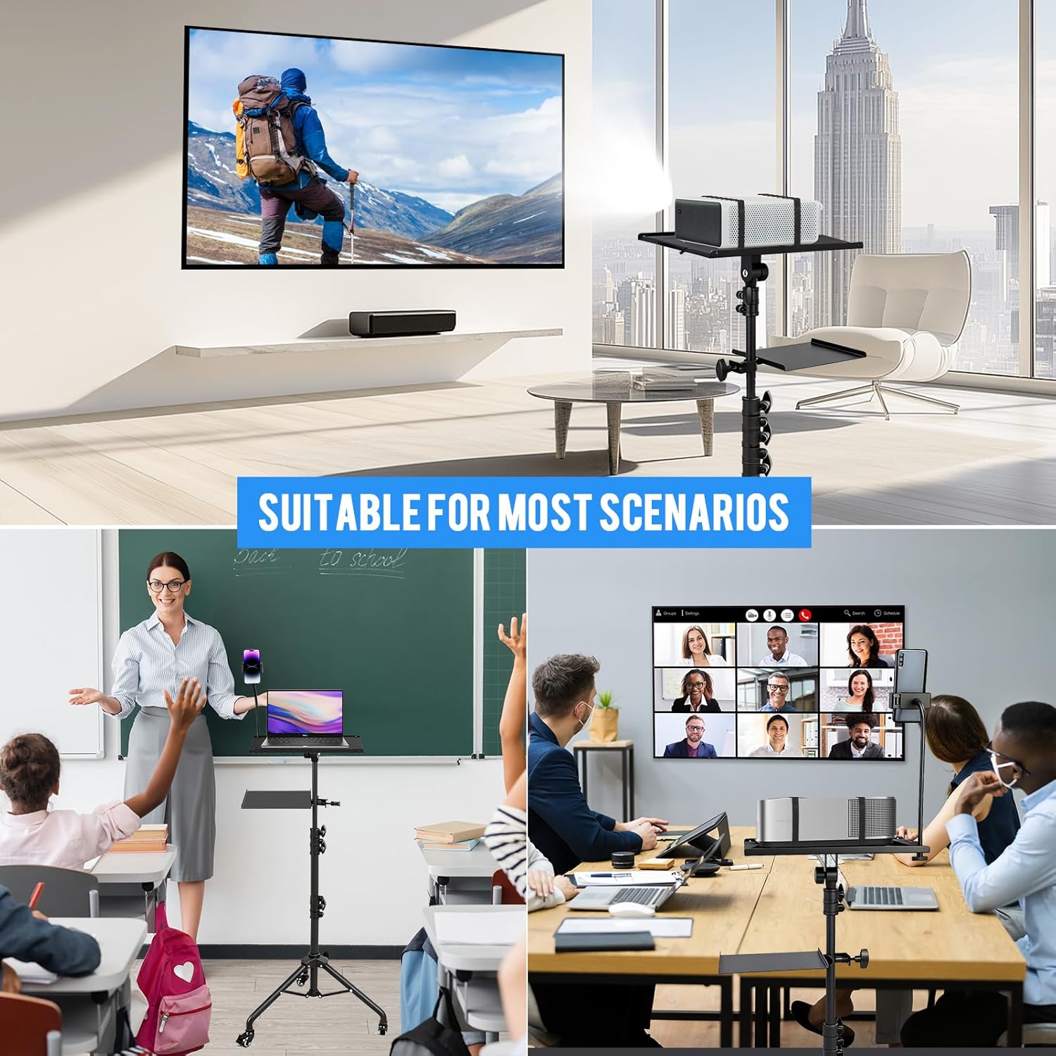 Projector Stand Tripod with 2 Shelves, Laptop Floor Stand with Casters,Projector Stand Adjustable Height 28.7 to 65 Inch with Phone Holder and Mouse Tray, Tripod Stand for Office, Home, DJ, Outdoor