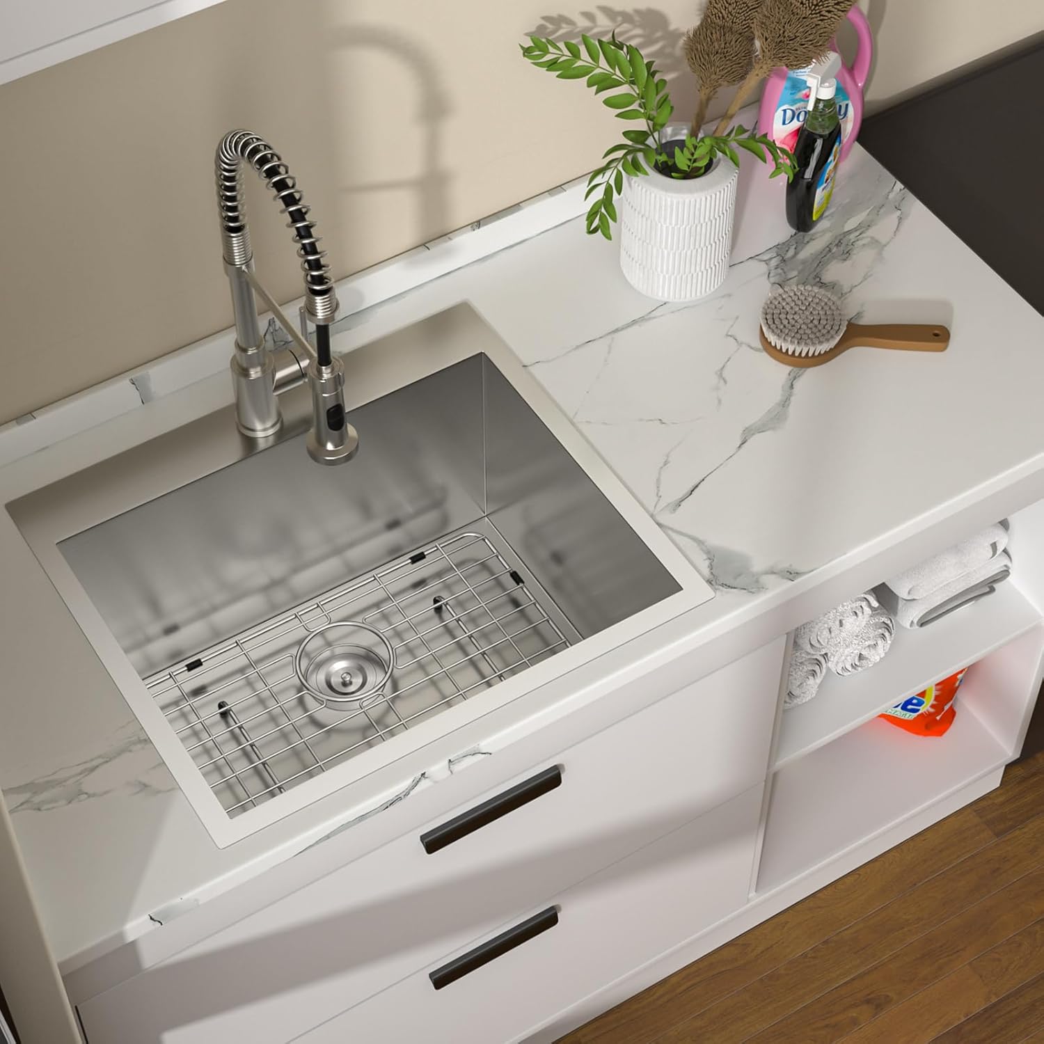 23"x20" Stainless Steel Drop In Topmount Laundry Sink - 16 Gauge, Single Bowl, 12 Inch Deep