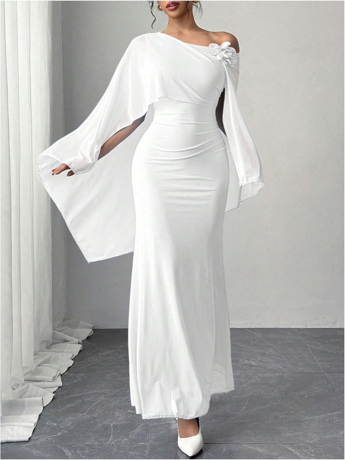 MakeMeChic Women's Wedding Guest Dresses Formal Off The Shoulder Dress Long Cape Sleeve Cocktail Evening Maxi Dress - Image 5