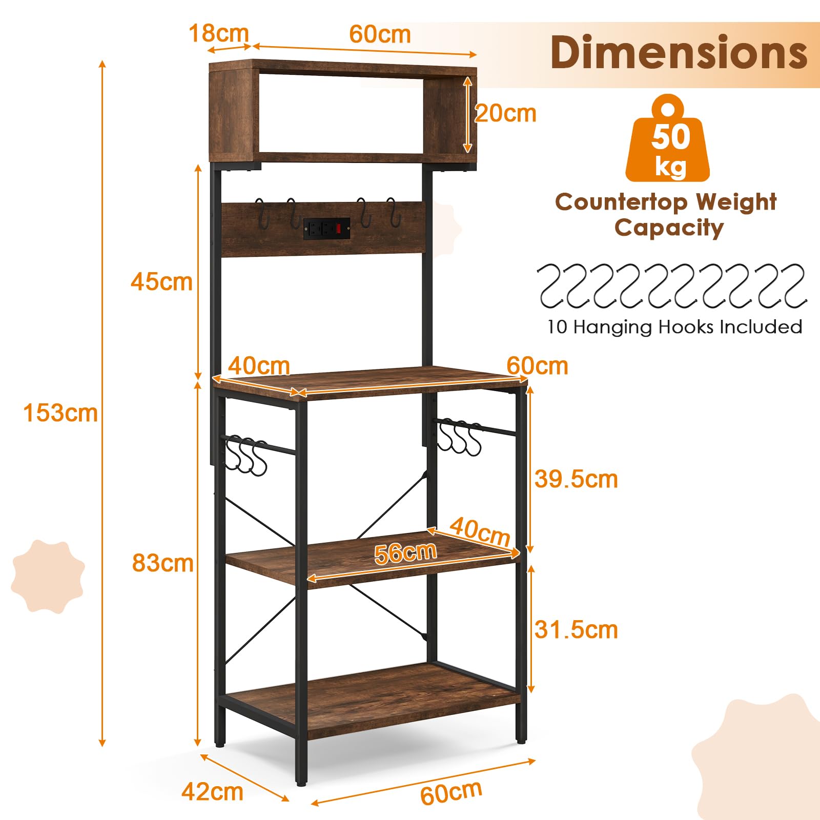 KOMFOTTEU Mensola da Cucina con Presa e 10 Ganci, Supporto per Forno a Microonde a 4 Livelli, 60 x 42 x 153 cm, Scaffale Multifunzionale in Acciaio, Scaffale Da Panetteria per Cucina e Sala da pranzo