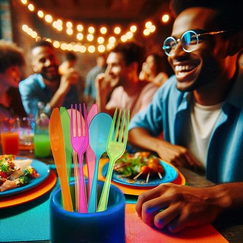 Miniatura 4 de Party Essentials Paquete combinado de cubiertos de plástico duro de alta resistencia, 144 piezas48 lugares, varios brillantes neón