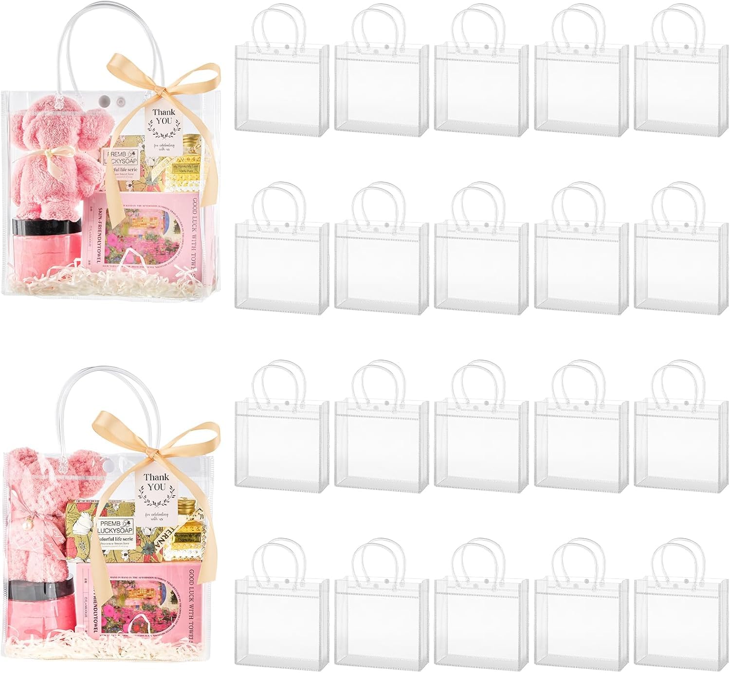 Mauproy 50 Pack Clear Plastic Gift Bags with Handles, Party Favor Bags with Ribbons and Tags, Reusable Goodie Tote Bag for Mother's Day Wedding Baby