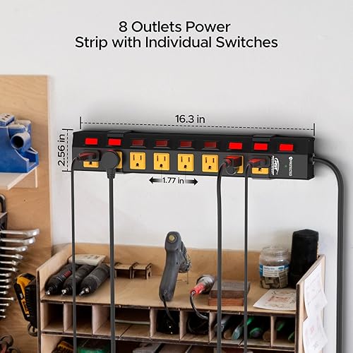 Miniatura 2 de CRST Regleta de alimentación resistente de 8 salidas con interruptores individuales, regleta metálica de 15 A1875 W, protector de sobretensiones con