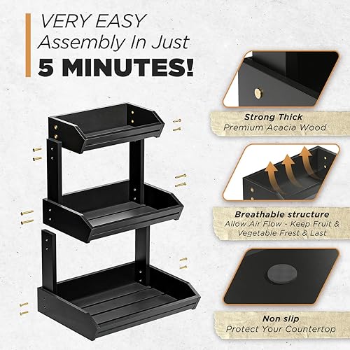 Miniatura 3 de HOLANA Frutero de madera de acacia  Frutero de 3 niveles para encimera de cocina, extra grande de 16 x 12.5 x 18 pulgadas, Fruteros para Cocina,