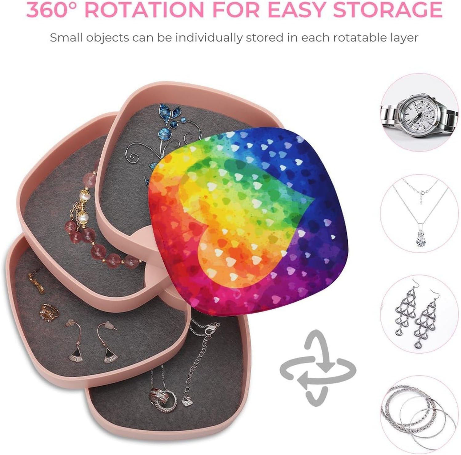 Functional 4-Layers Rotatable Colorful Rainbow Love Heart Jewelry Box with Lid for Women Jewelry Organizer with Mirror Fashionable Jewelry Tray Case for Earrings Rings Bracelets image 4