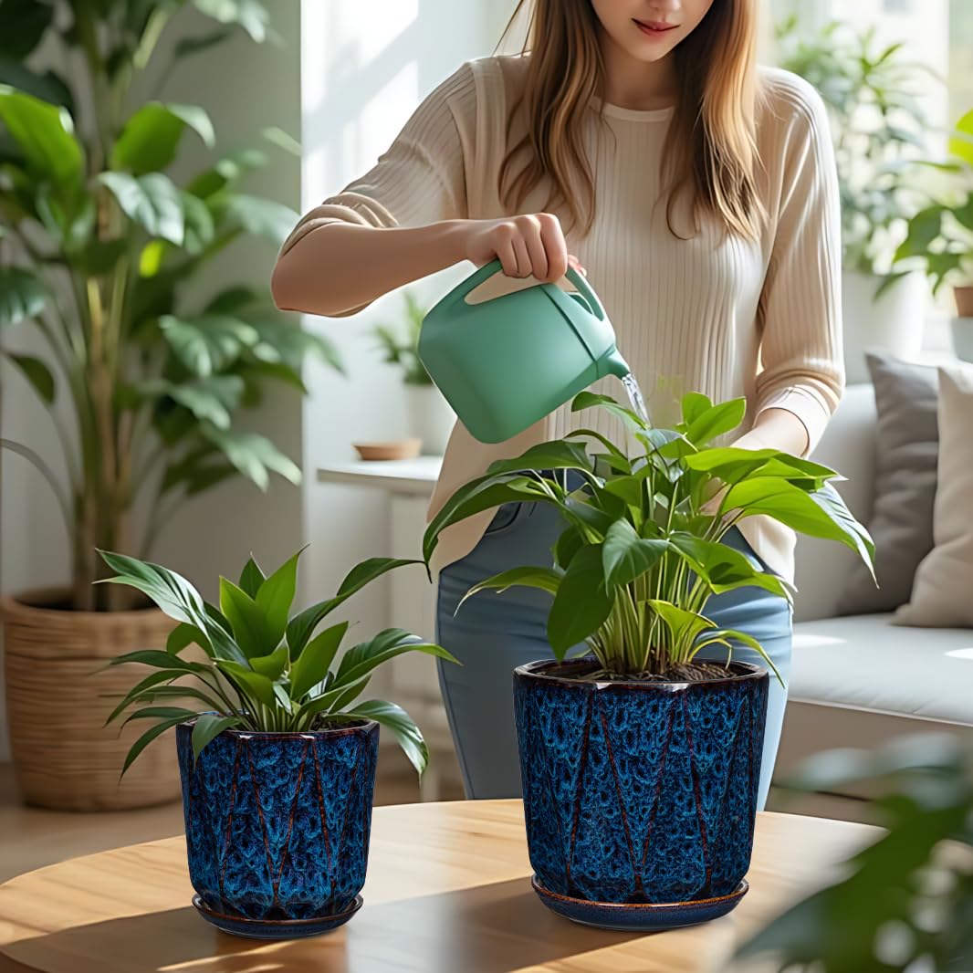 Oairse 2er-Set Blumentopf Keramik 18cm+14cm, Mittelgroßer Zylinder Blumentopf, Reaktive Glasur mit Drainageloch-Untersetzern für Zimmerpflanzen, Retro-Dekoration für Gartenbehälter-Sets im Freien