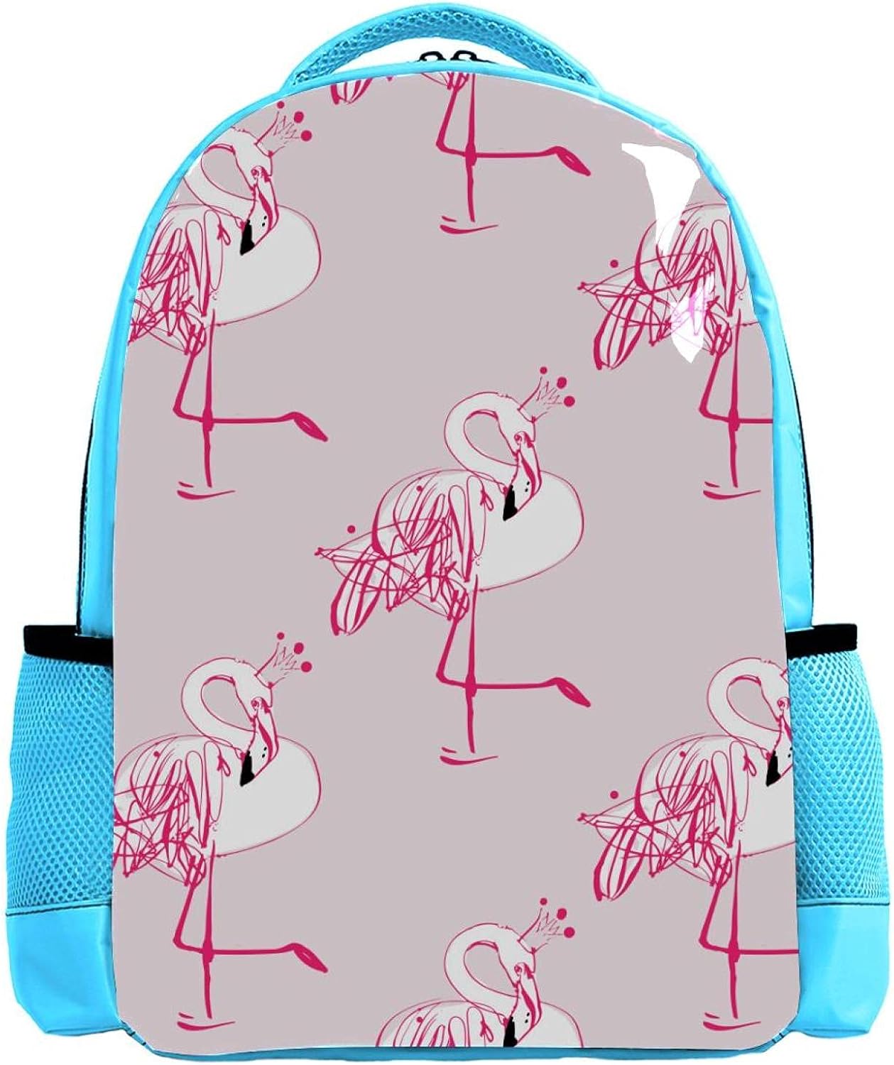 Mochila azul para niños con diseño de corona de flamencos y princesas