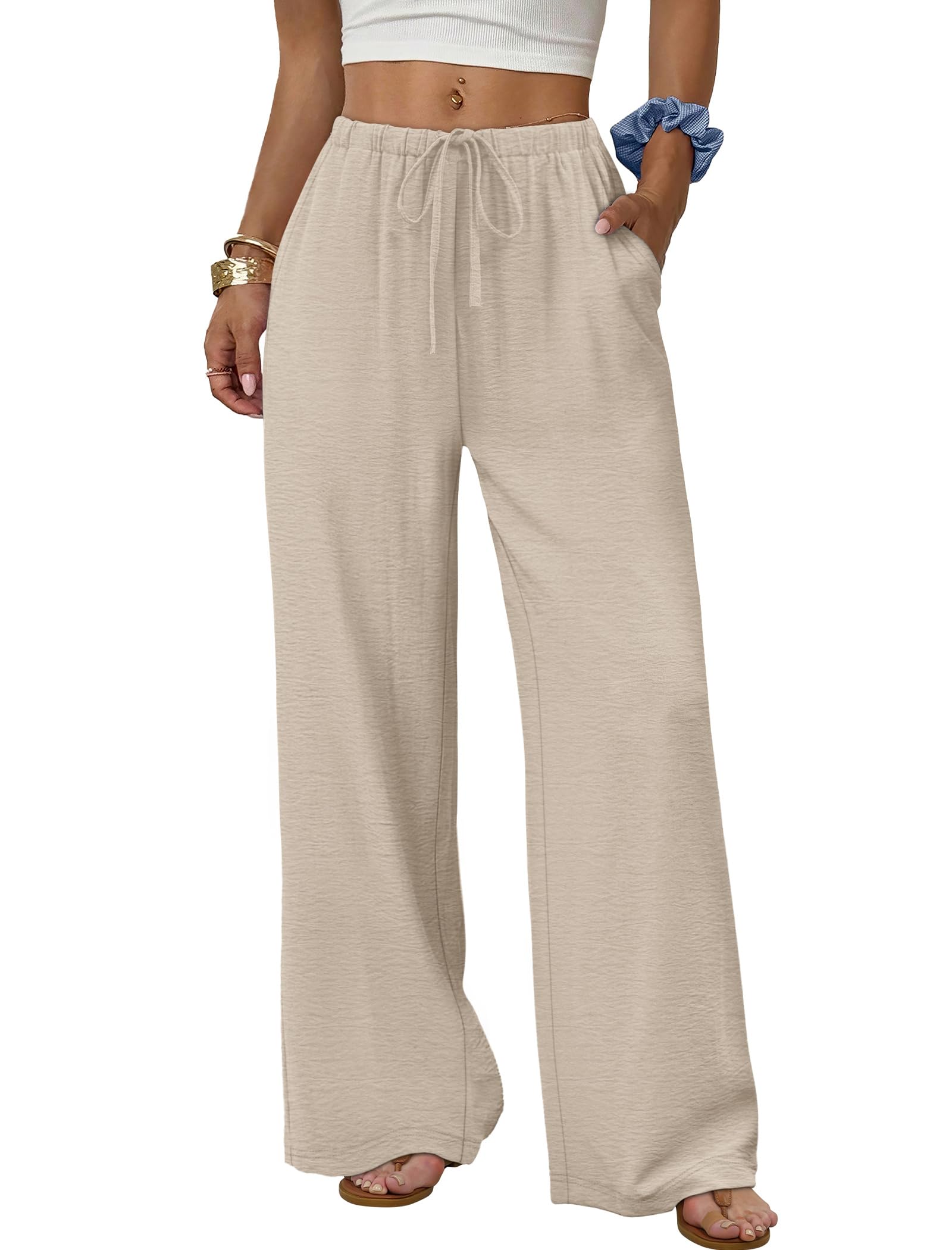 Wide Leg Pants for Women Flowy Palazzo Drawstring Elastic Waist Trousers with Pockets Summer Beach Vacation Clothes