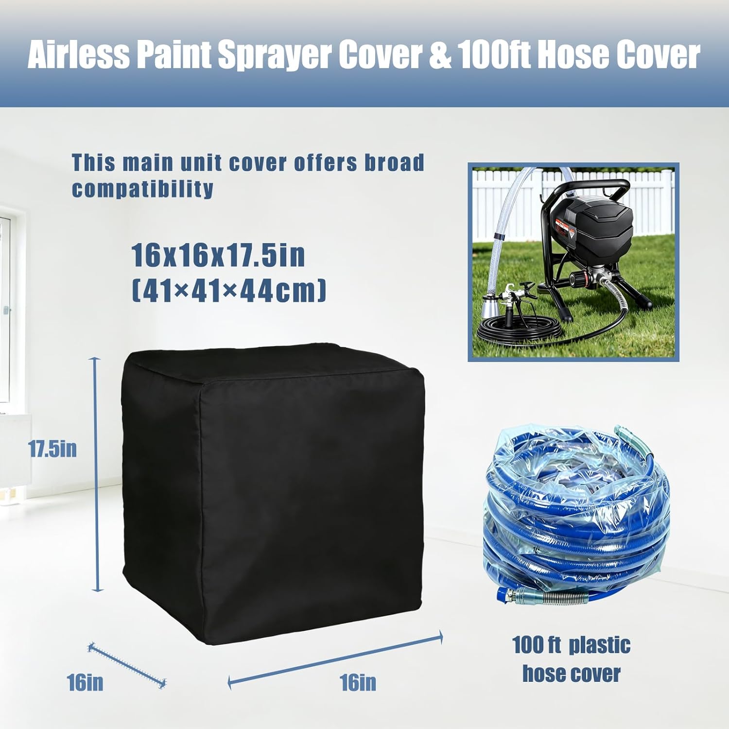 Airless Paint Sprayer Cover and 100ft Hose Cover Set, Heavy-Duty 600D Oxford Fabric Dust Cover with Hook and Loop & Drawstring, Airless Paint Sprayer Accessories (16x16x17.5in)