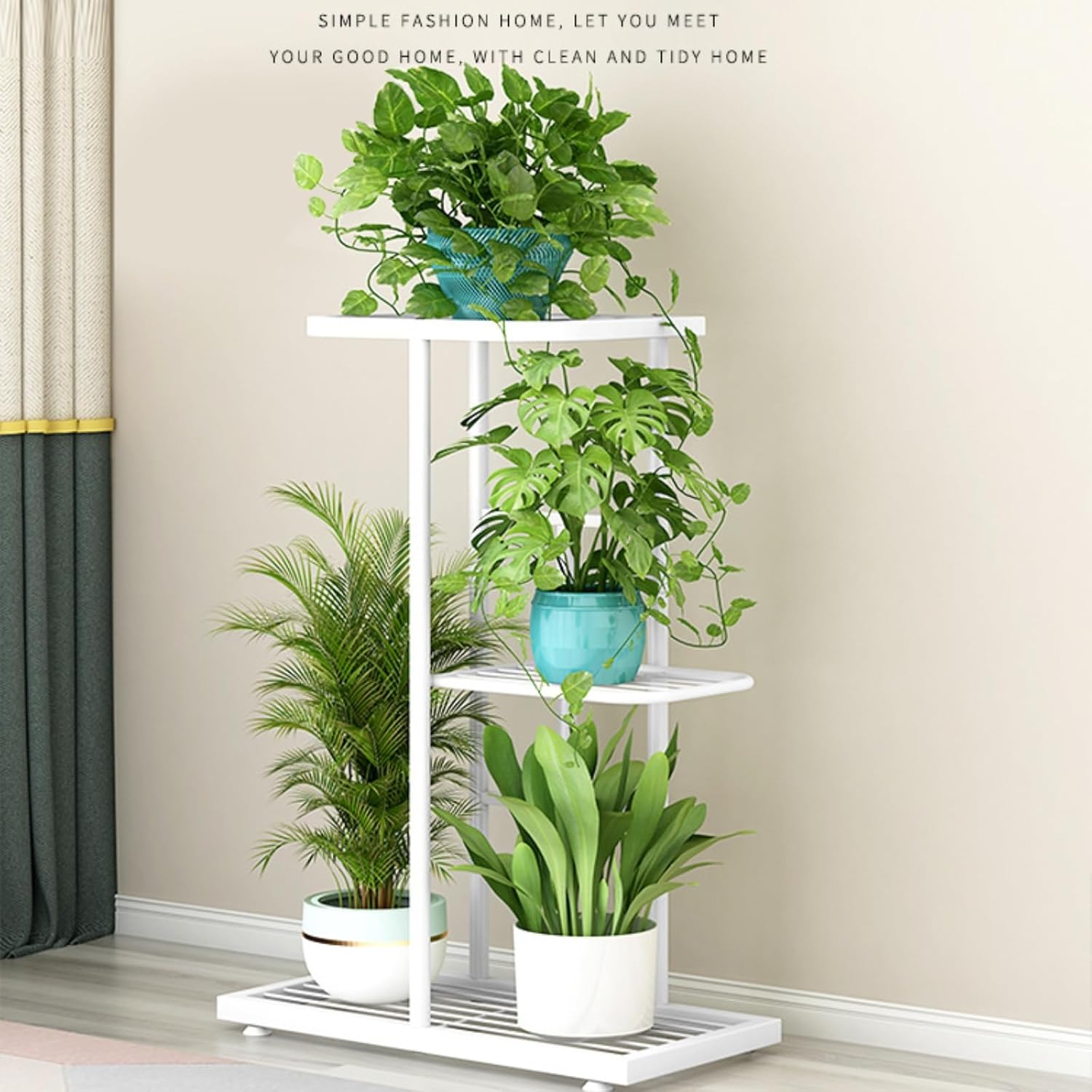 Plant Stand Metal 3 Tier 4 Potted Multiple Flower Pot Holder Shelf Indoor Outdoor Planter Display Shelving Unit for Patio Garden Corner Balcony Living Room (White)