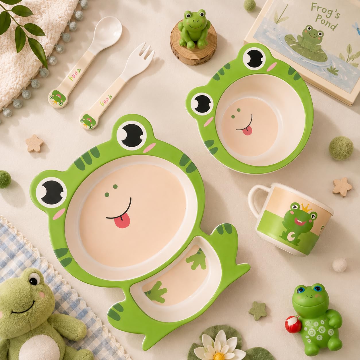 The Bamboo Co ® Kids/Baby Feeding/Dinner Set of 5 | Made of Bamboo | Kids Crockery Set Tableware |Baby Utensils and Dishes Set | Eco-Friendly |Organic & Natural(Funny Frog)-picture-20