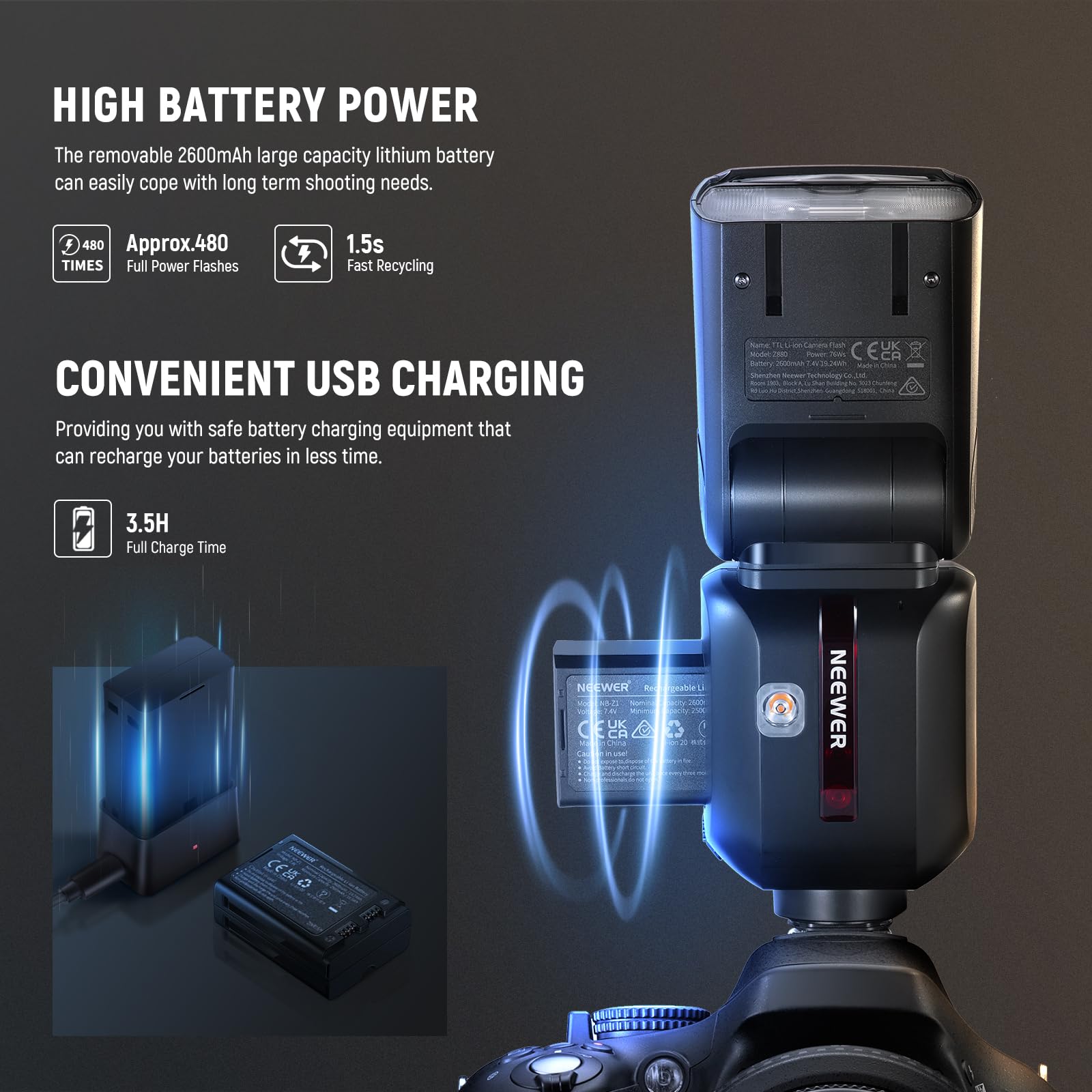 NEEWER Z880-C Lampa błyskowa 2.4G 76W TTL Lampa błyskowa Speedlite kompatybilna z Canon,lampa modelująca TTL/M Szybki przełącznik TCM, 1/8000 s HSS 7,4 V/2600 mAh Bateria 480 błysków o pełnej mocy