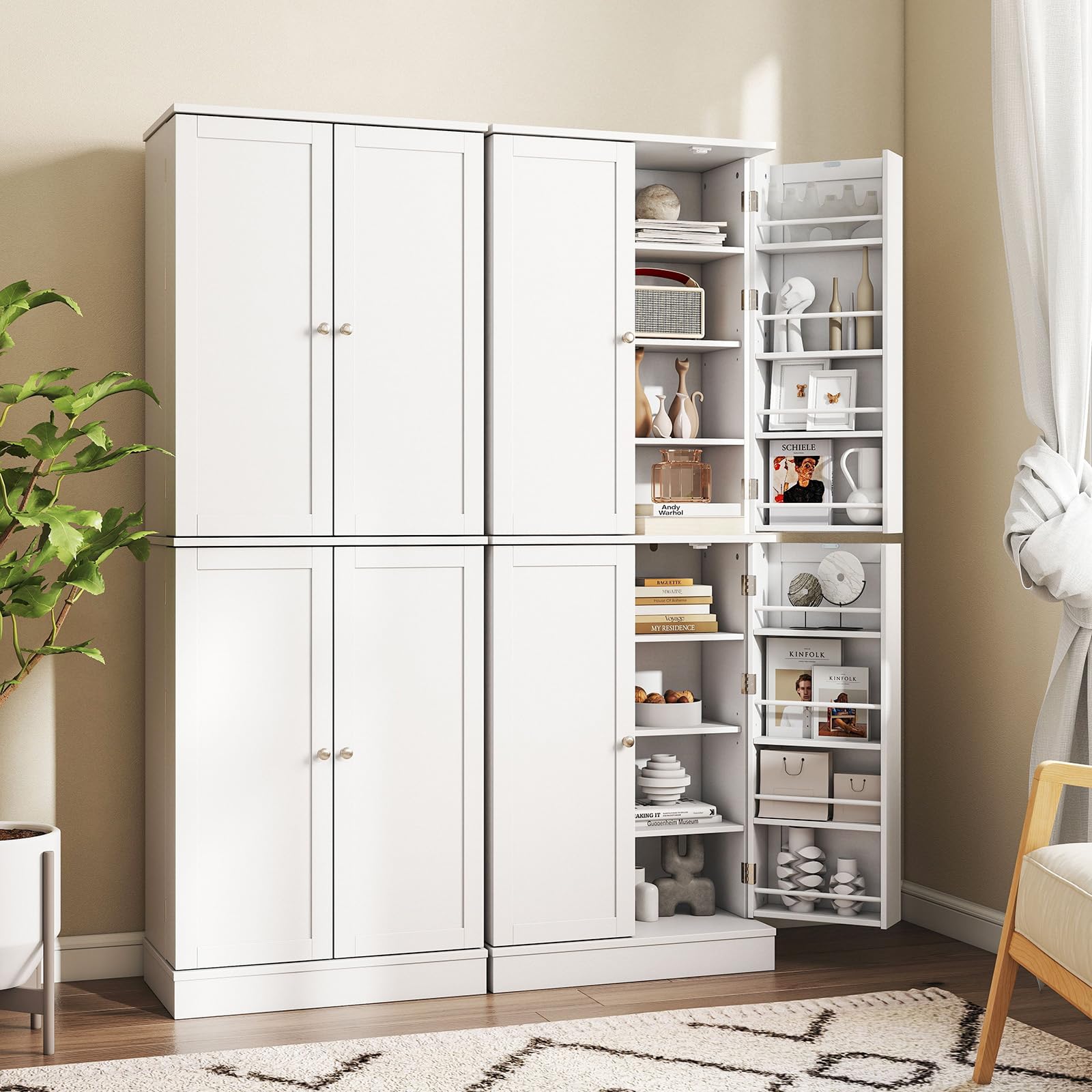 KOMFOTTEU Aparador de Cocina con 4 Puertas, Armario Despensa de 8 Niveles con Estantes Ajustables, Mueble de Almacenamiento con Kit Antivuelco para Sala de Estar, Comedor, 60 x 35 x 166,5 cm