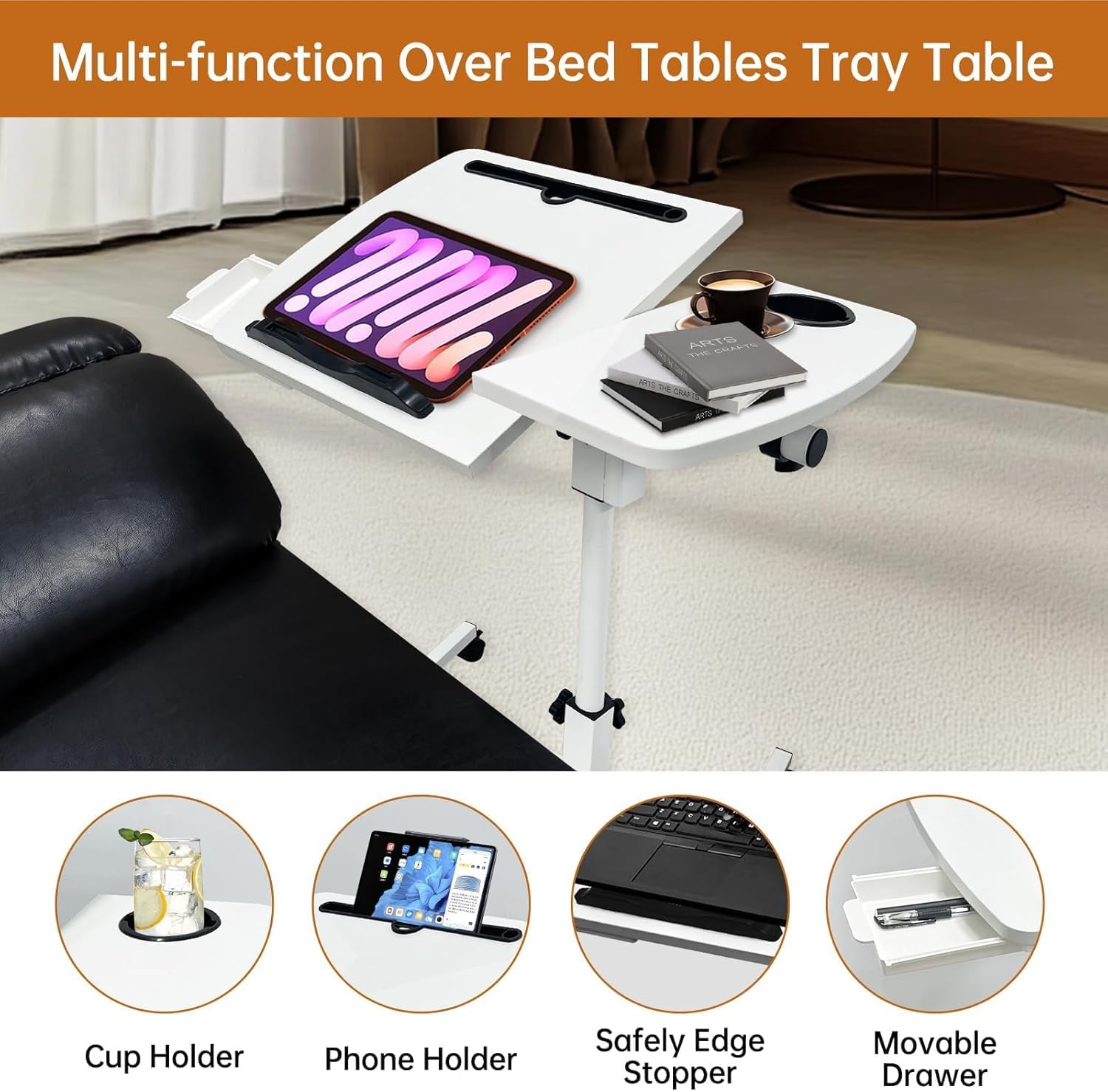 Bureau debout mobile réglable en hauteur - Petite table d'ordinateur portable avec roulettes - Pliable - Petite table de lit pour lit, canapé, bureau - Blanc